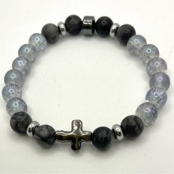 Natural Black Network, crystal beads, Hematite rondelle & Cross stretch bracelet - Picture 3 of 3